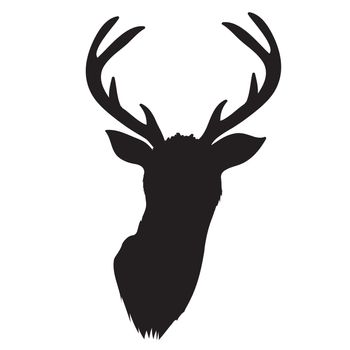 Black vector silhouette of deer's head with antlers isolated on white background.