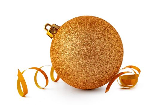 Gold sparkling Christmas bauble isolated on white background