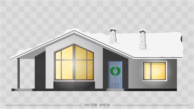 Modern house for winter design. Cottage, town house. Architectural visualization of the cottage outside. Roof in the snow. Realistic vector illustration.