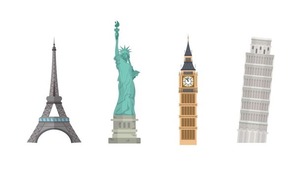 Set of world landmarks isolated on a white background. Eiffel Tower, Statue of Liberty, Leaning Tower of Pisa and Big Ben.