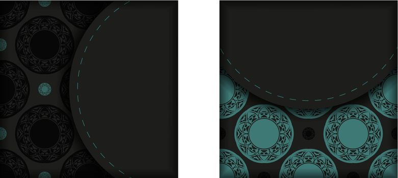 Invitation card design with space for your text and abstract patterns. Luxurious design of postcard in black color with blue ornaments.