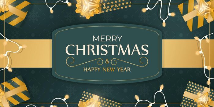 Merry Christmas and Happy New Year banner with green colors. Background with gifts, garlands and light bulbs. Vector.