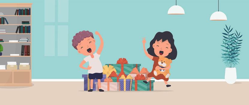 Children rejoice at gifts. Happy children, lots of gifts. Holidays concept. Vector.