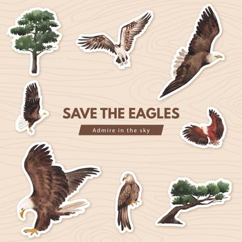Sticker template with bald eagle concept,watercolor style.