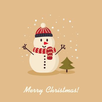 Snowman in hat and scarf with Christmas tree