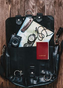Travel objects in a suitcase.