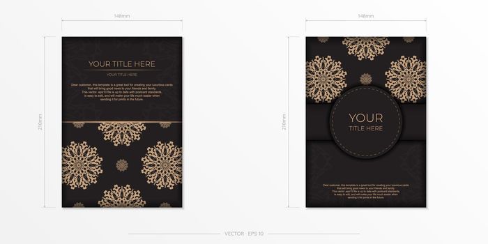 Presentable Ready-to-print postcard design in black with Arabic patterns. Vector Invitation card