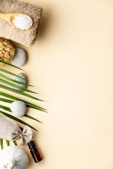 Spa setting on color background, flat lay, copyspace