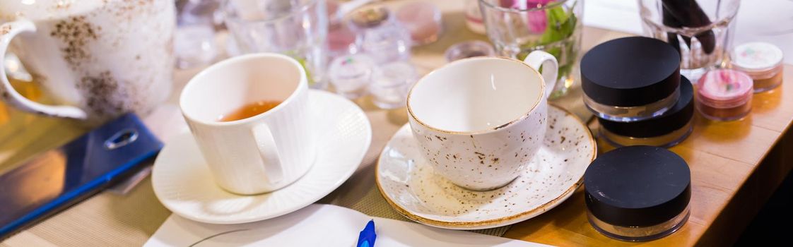 Two tea cup on table. Breakfast and Five O'Clock Tea. Tea time.