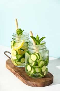 Detox infused water. Refreshing homemade cocktails summer drinks, selective focus