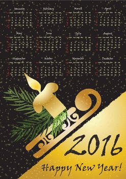 2016 calendar with whinter symbols in gold color. A3 format