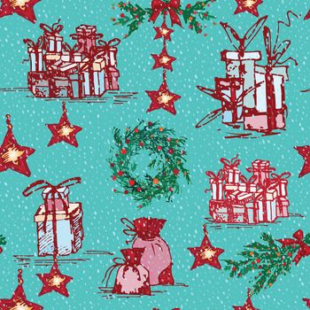 Vintage seamless Merry christmas pattern in hand drawn style on green background. Gift holiday winter line icon