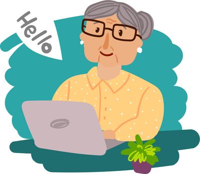 Happy grandma with laptop. Hand drawn beautiful vector illustration with grandmother.