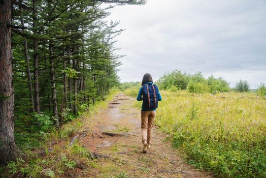 Hiker girl walking on footpath in summer forest