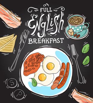 Full English breakfast. Beautiful hand drawn vector food illustration.