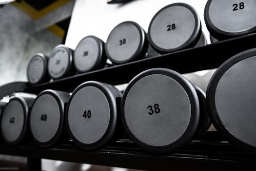 Rows of metal dumbbells on rack for bodybuilding in gym