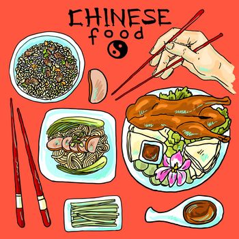 beautiful hand- drawn set of chinese food on the red background