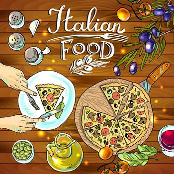 decorative food- beautiful hand-draw pizza and vegetables in the wood texture
