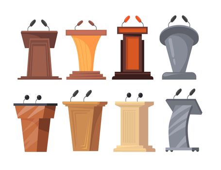 Different tribunes with microphones vector illustrations set
