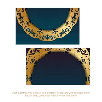 Blue gradient business card with mandala gold ornament for your contacts.