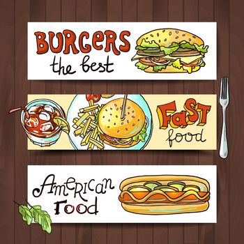 Beautiful hand drawn horisontal banners fast food top view