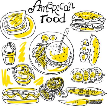 Beautiful hand drawn illustration  american food top view