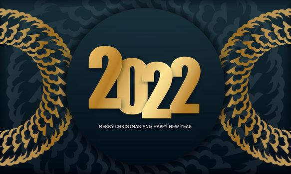 Postcard template 2022 Merry Christmas and Happy New Year in Dark blue with vintage gold ornament
