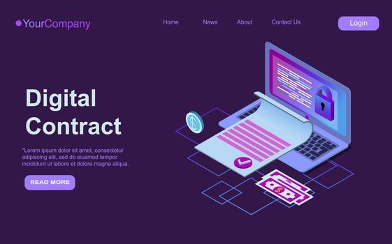 Electronic contract isometric web banner, e-signature on document at laptop screen digital signing service secured internet technology, 3d vector landing page EPS