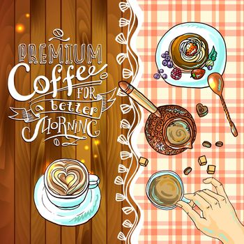 beautiful hand- drawn illustration coffee and cake