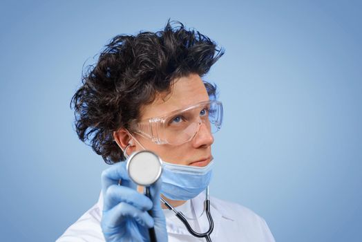 Bizarre doctor listens with stethoscope