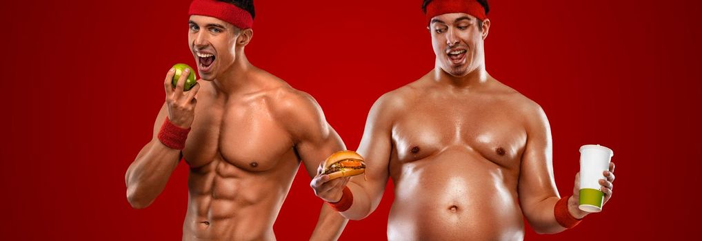 You are what you eat. Fit man with apple and fat man with burger and soda. Awesome Before and After Weight Loss fitness Transformation. The man was fat but became athlet. Fat to fit concept.