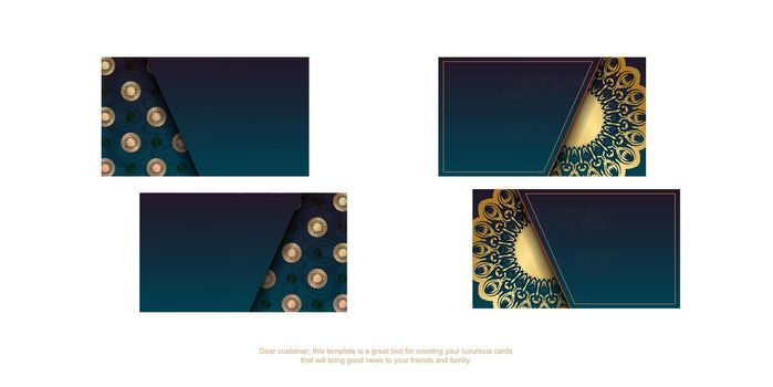 Gradient blue gradient business card with greek gold pattern for your brand.