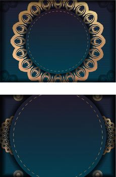 Gradient blue gradient flyer template with greek gold pattern prepared for typography.