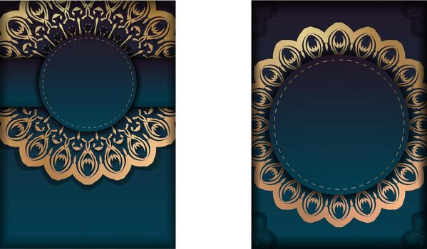 Gradient blue gradient flyer template with Indian gold ornaments typography prepared.