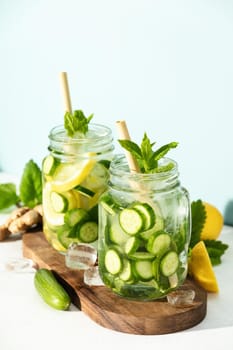 Detox infused water. Refreshing homemade cocktails summer drinks, selective focus