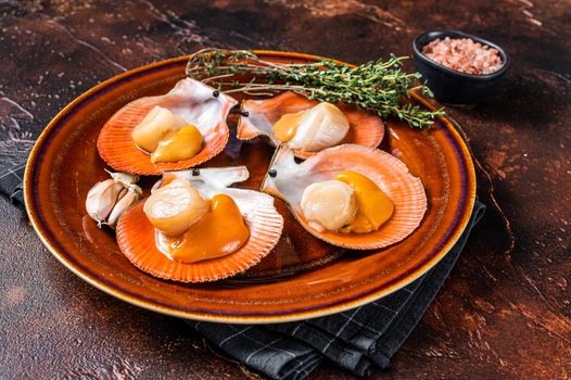 Shellfish raw Scallops on a rustic plate with thyme. Dark background. Top view