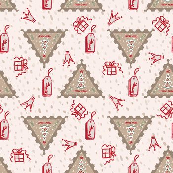 Seamless pattern Modern sketch with trendy stylized christmas tree and postage stamp for winter holiday decoration design. Vintage style, flat color Abstract concept graphic background