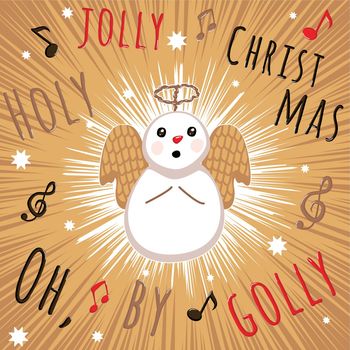 Greeting card with snowman angel and inscription.