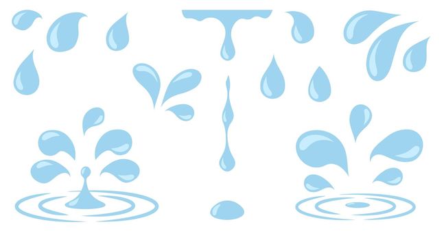 Water drops. Cartoon raindrops. Vector blue flat falling rain. Simple droplets