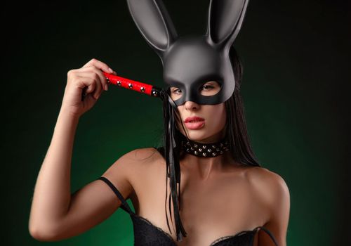 sexy girl in underwear and rabbit mask with whip