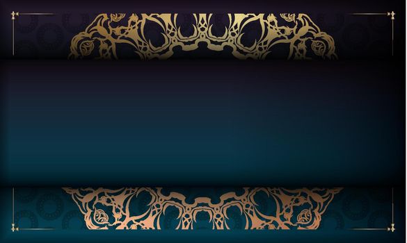Blue gradient banner with luxury gold pattern and logo space