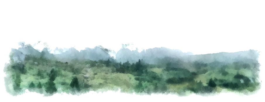 Mountain watercolor vector wide illustration. Landscape border or background