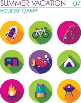 Summer camping flat icon set. Holiday