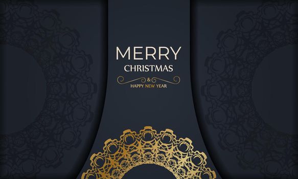 Holiday Flyer Merry Christmas and Happy New Year in dark blue color with vintage gold pattern