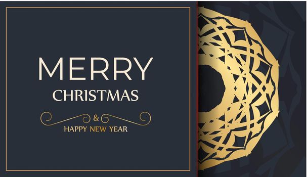 Greeting card Merry christmas in dark blue color with vintage gold ornament
