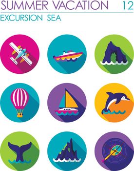 Excursion sea flat icon set. Summer. Vacation