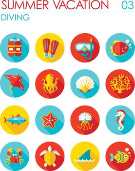 Diving flat icon set. Summer. Vacation