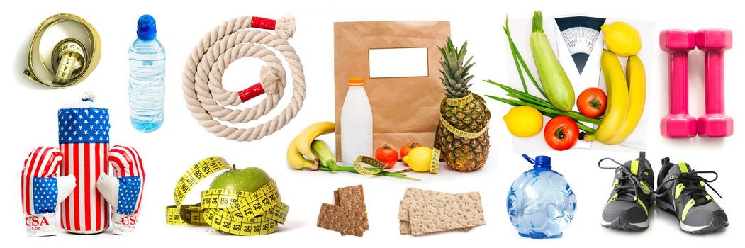 Sport healthy life equipment and diet set collage isolated on white background. Fitness collection with food and workout tools