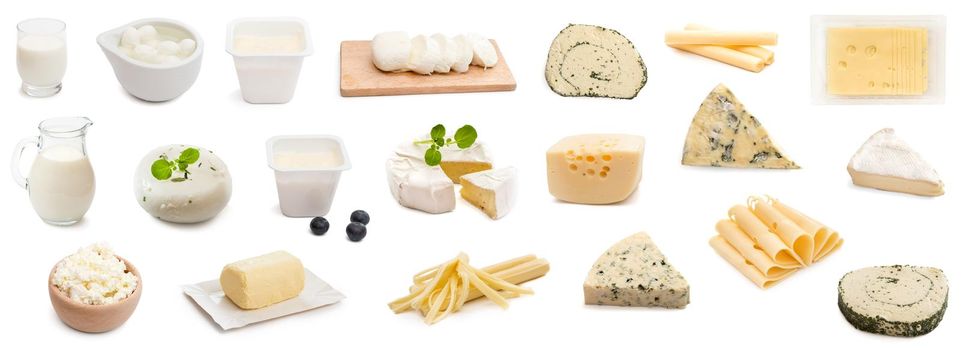collage various types of cheeses isolated