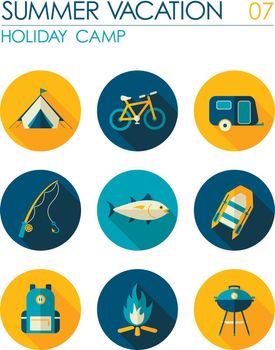 Summer camping flat icon set. Holiday